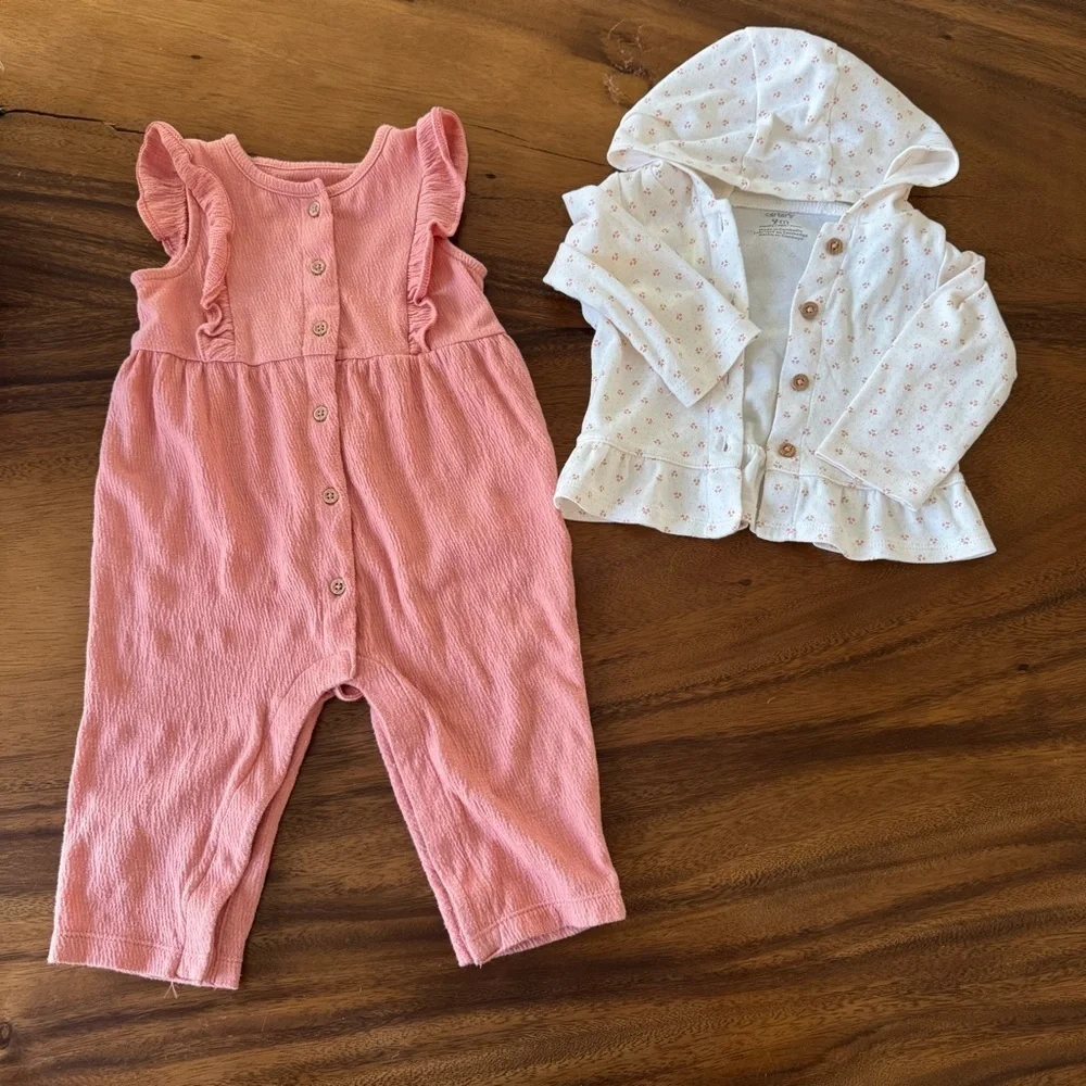 Carter’s Cotton Pink Ruffled Jumpsuit and White Floral Hoodie Set 9M